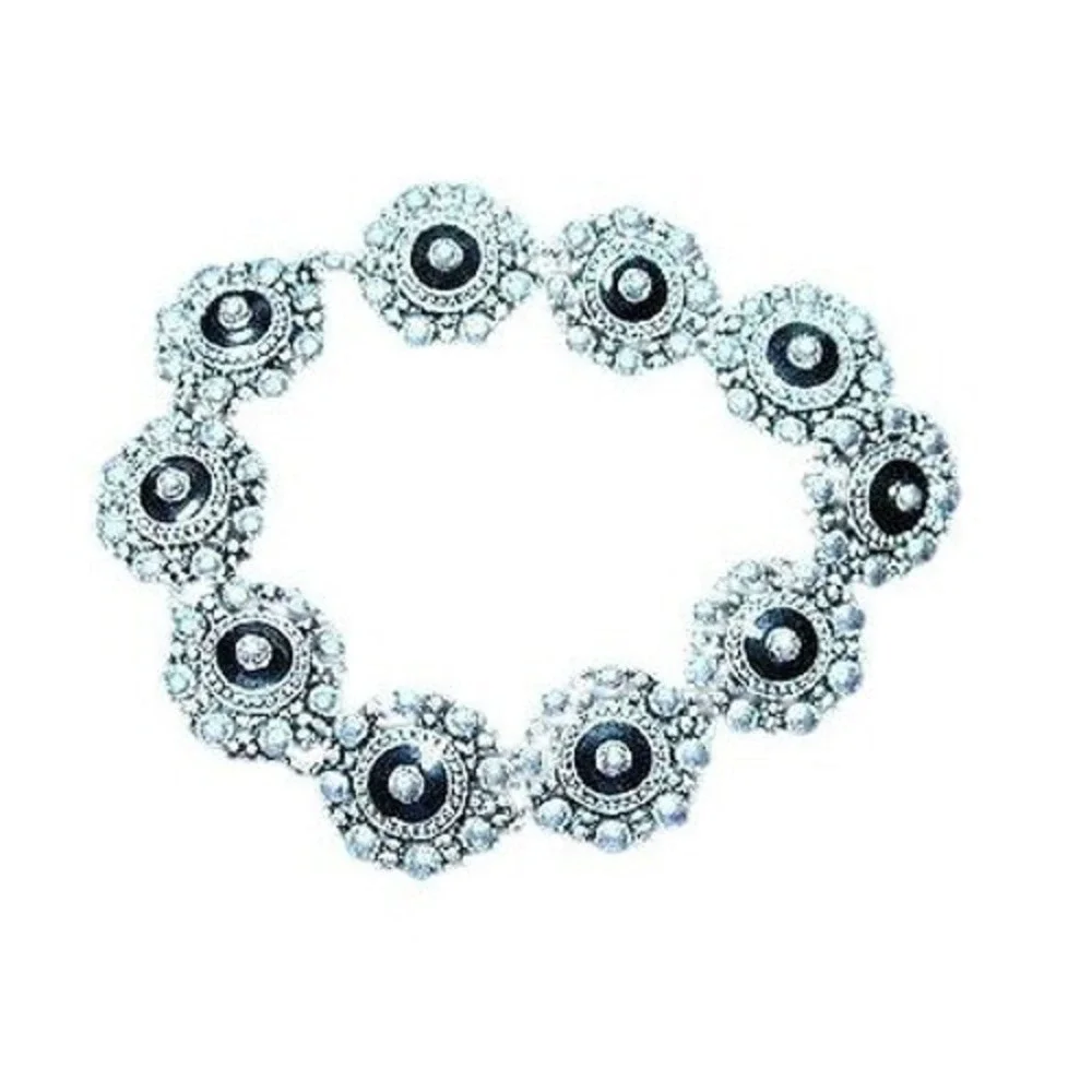 Rhinestone Black Enamel Flower‎ Link Bracelet Silver Tone Glamorous Statement